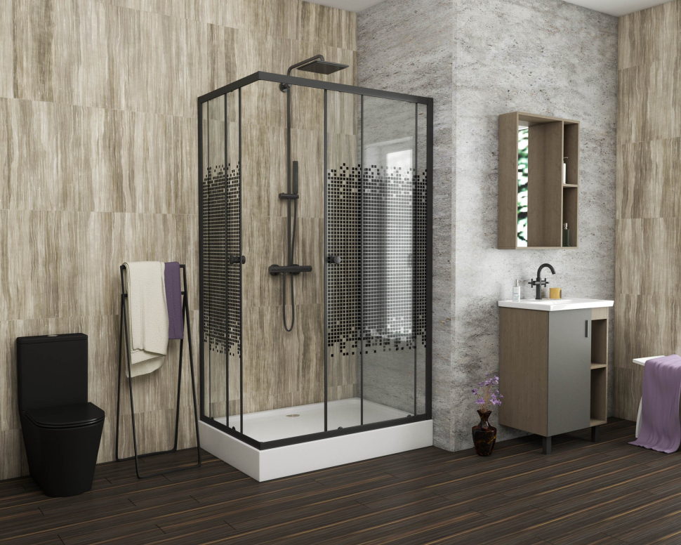 Душ. уголок NG-018-14Q BLACK (1000х800х1950) низкий поддон(13см) стекло МОЗАИКА, 2 места